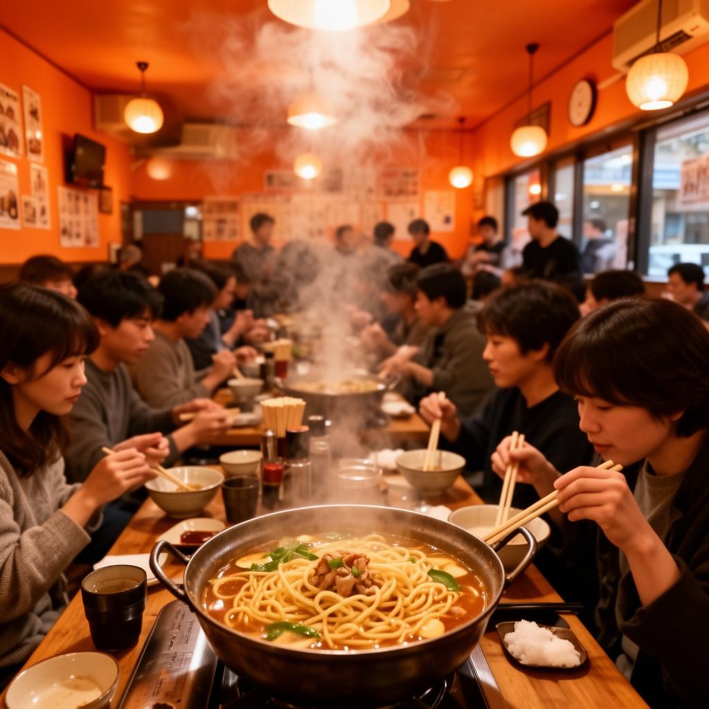 人气面馆堂食场景,顾客围坐吃面